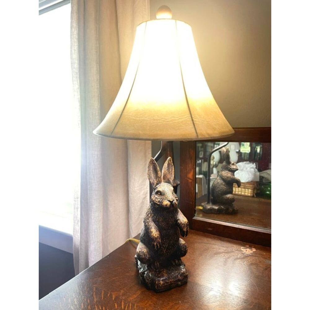 Vintage Bronze Tone Rabbit Table Lamp Woodland Cottagecore Nursery Decor Light
